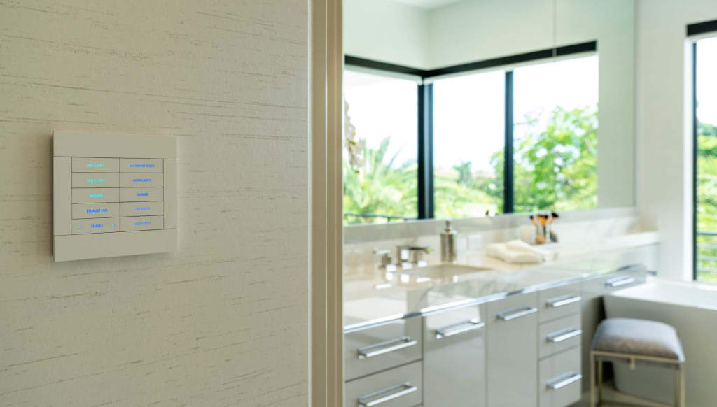 Bravas home technology featured in this bathroom image.