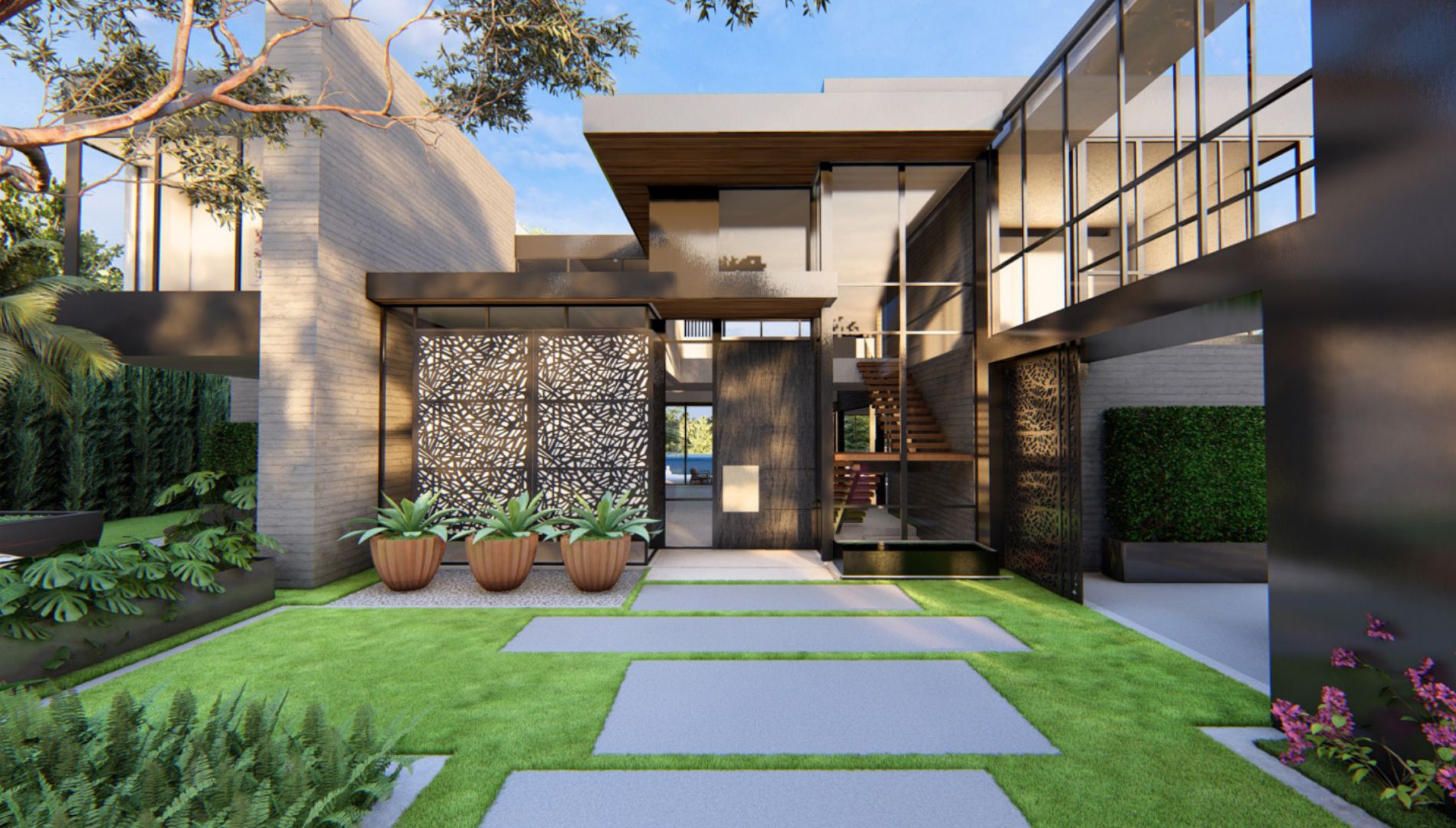 Front exterior of The New American Home 2026 showcasing modern architecture, clean lines, and sustainable materials.