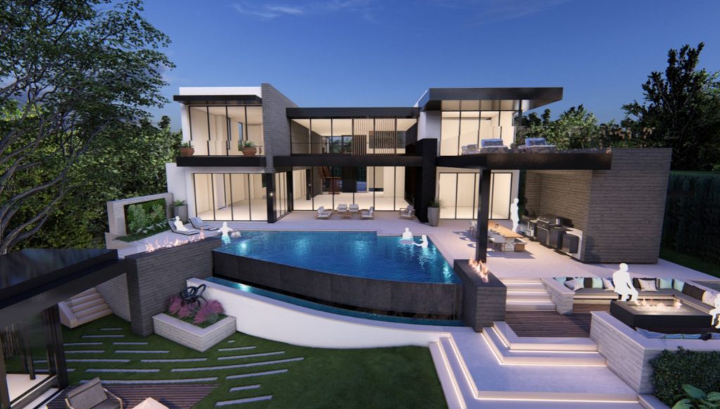 Rear exterior of The New American Home 2026 featuring an infinity-edge pool, spa, and wellness retreat overlooking the lake.