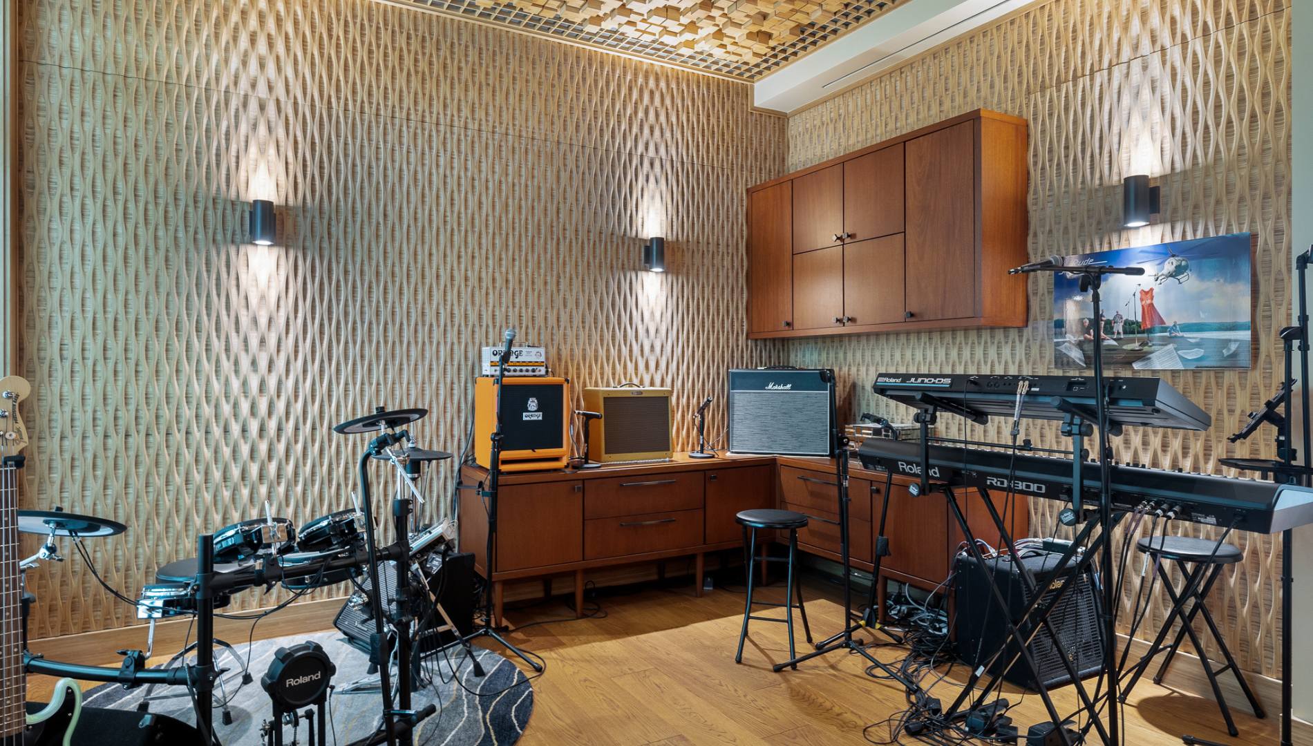Wellness-focused music room in a modern Florida custom home.